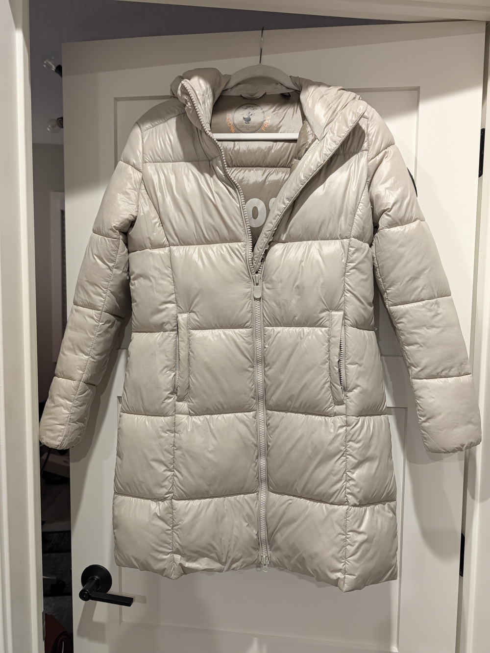 SAVE THE DUCK Women’s Hooded Long Puffer Coat in Light Beige